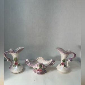 Vintage Champion Art Pottery Lustre Decorative Bowl Pitcher Set Pink Roses